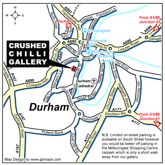 A map of Durham City, detailing the location of the Crushed Chilli gallery